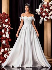 Glamrae Elegant White Satin Off The Shoulder Ruched Front Floral Decor Adjustable Tie Back Maxi Ballroom Dress With Dramatic Tail Train, Wedding Dress, Bride