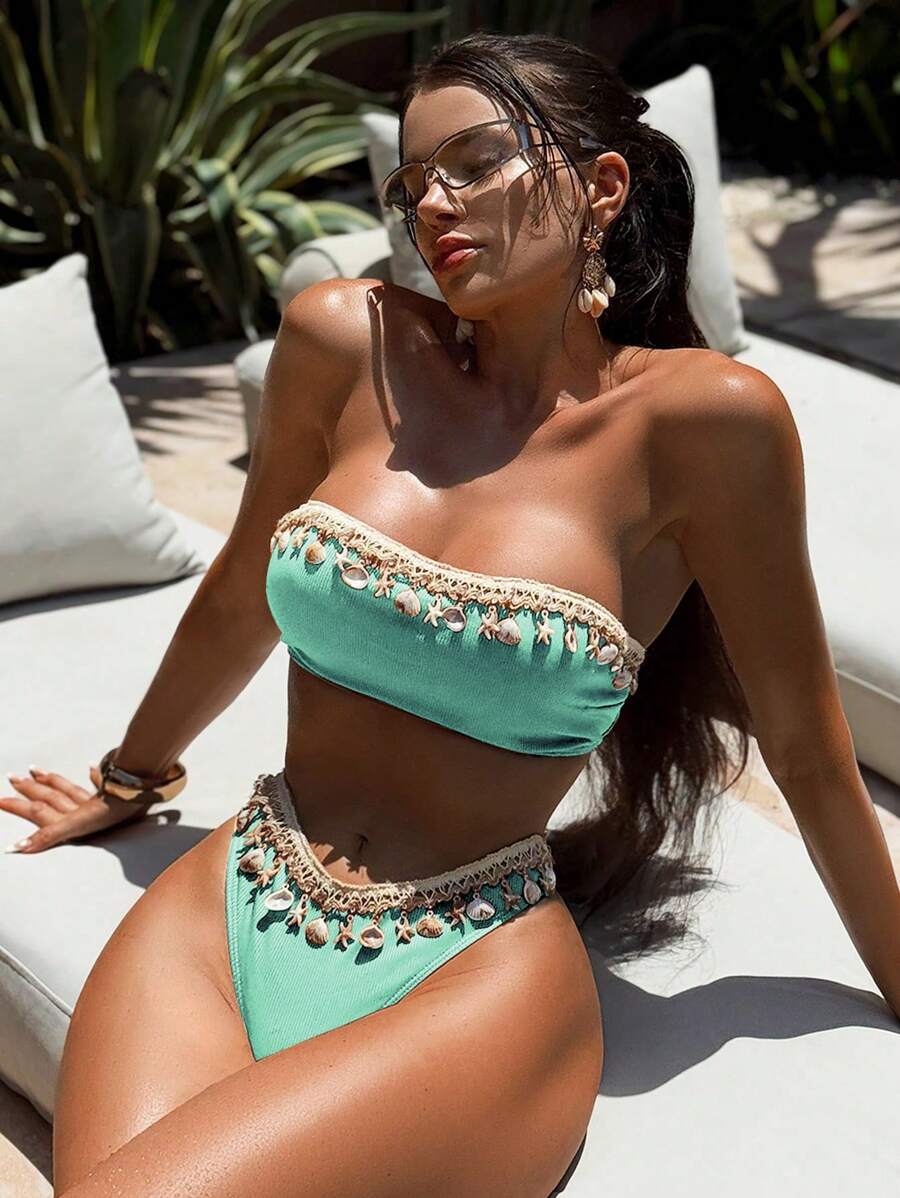 Swim Chiccia Conjunto de tankini para mujer con parte superior de escote halter, espalda calada y cruzada, y estampado de conchas y rayas, para vacaciones de primavera - Azul menta - Ver 1