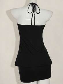 SHEIN ICON 链式领口紧身纯色无袖性感迷你连衣裙，夏季 - 黑色 - 查看 8