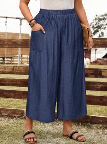 EMERY ROSE Plus Size Women's Early Spring Blue Denim Effect Capri Pants