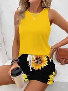 SHEIN LUNE 2pcs Sunflower Print Plus Size Casual Set, Suitable For Summer,Holiday Outfits Boho