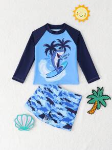 SHEIN Baby Boy Crab Print Long Sleeve Top And Striped Shorts 2pcs Swimsuit Set, Perfect For Beach, Pool, Swimming, Water Park, Surfing In Summer