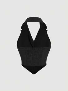 SHEIN MOD 白色夏季纯色前纽扣吊带背心 - 黑色 - 查看 2