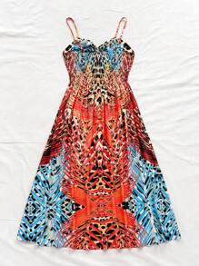 SHEIN WYWH Wild Resort 豹纹印花与热带植物镂空长款吊带裙 - 橘色 - 查看 2