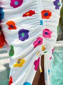 Set de 2 piezas con Top asimétrica de cuello estampada con flores y falda ajustada con volantes para niñas preadolescentes en vacaciones