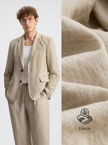 Ontre 2025 Summer Men Solid Lapel Neck Single-Breasted Casual Blazer, Versatile, Breathable, Soft, Urban Chic, Linen, Lightweight Linen Blazer - Apricot - View 1