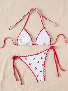 SHEIN Swim 全新女式 2 件套热带水果印花荷叶边撞色边吊带比基尼泳装套装，夏季度假海滩休闲服装 - 彩色 - 查看 6