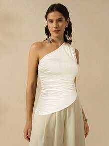 CAJUNI 女士度假休闲夏季黑色不对称领口上衣 - 杏色 - 查看 4