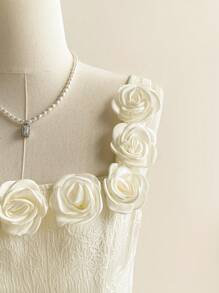 Vintamour 复古优雅女士提花纹理立体花朵度假连衣裙 - 杏色 - 查看 1