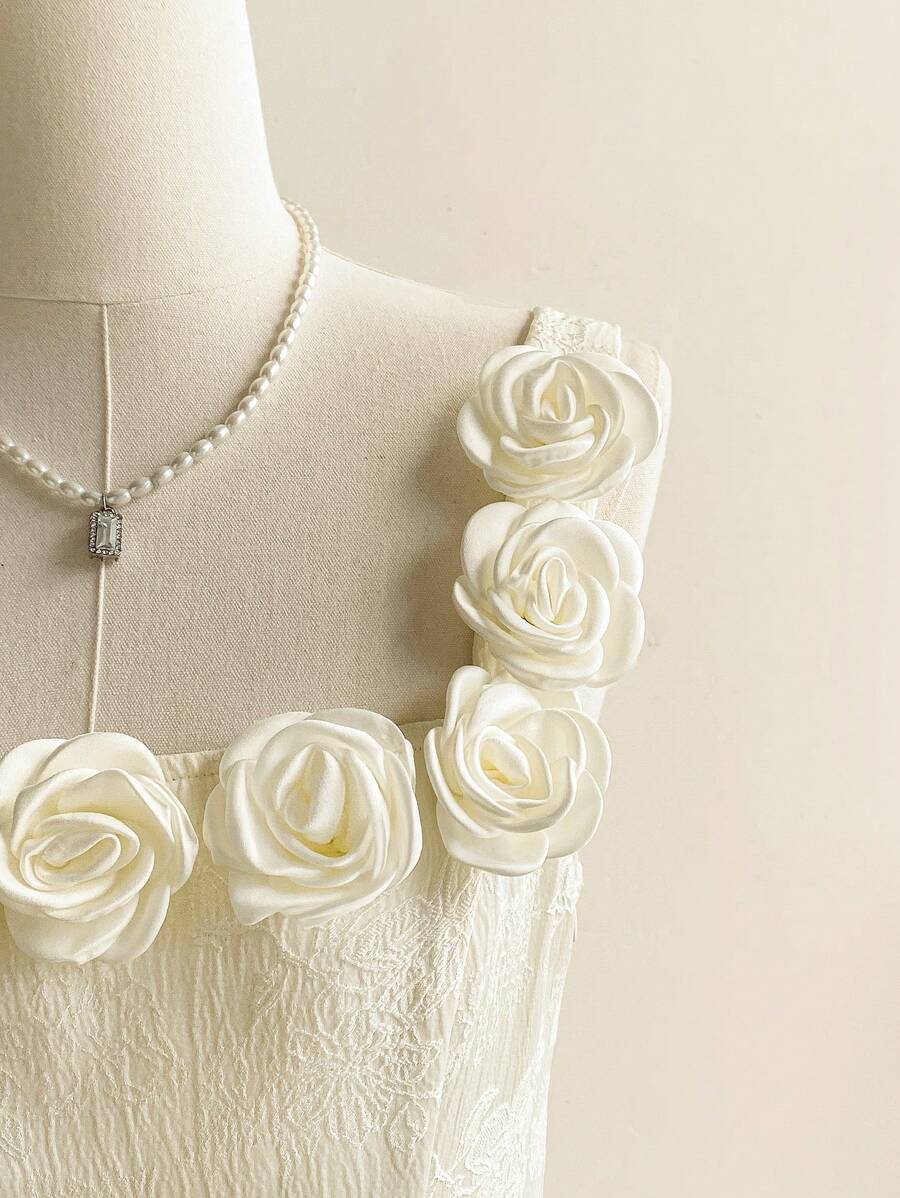 Vintamour 复古优雅女士提花纹理立体花朵度假连衣裙 - 杏色 - 查看 1