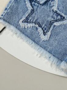 Shorts vaqueros de niñas preadolescentes con estilo Y2K, lavado vintage en azul claro, bajo deshilachado, bordado de estrellas, corte suelto, tela cómoda y suave, moda urbana, vaqueros para niñas