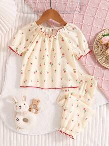 SHEIN Baby Girl 2pcs Pajama Set, Cream Base With Pink Rose Print, Ruffle Hem, Short Sleeve Top And Long Pants, Comfortable Loungewear - Apricot - View 3