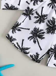 SHEIN Playful Pals Baby Boy Swimsuit Set - Coconut Tree Printed, Woven Fabric Swimsuit With Hat - Black and White - View 3