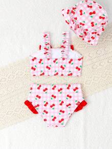 女婴三件套蝴蝶结格子沙滩套装，配可爱格子帽 - 彩色 - 查看 2