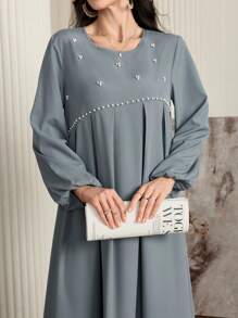 Al Najma 女士优雅长袖阿拉伯风格连衣裙，饰有串珠装饰，优雅的 A 字型阿拉伯连衣裙，适合日常休闲、端庄 - 灰色 - 查看 1