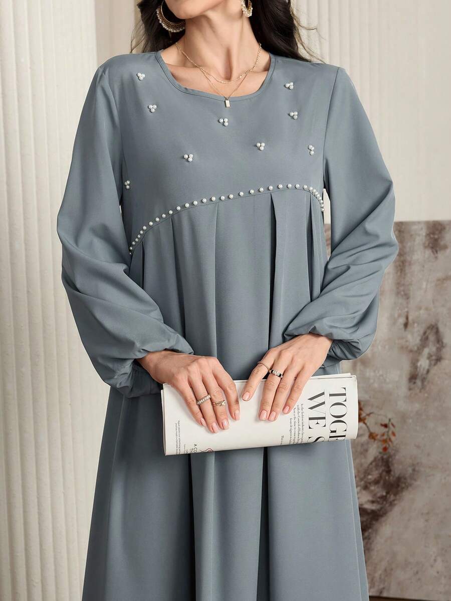 Al Najma 女士优雅长袖阿拉伯风格连衣裙，饰有串珠装饰，优雅的 A 字型阿拉伯连衣裙，适合日常休闲、端庄 - 灰色 - 查看 1