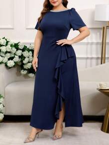 Ellevyn 大码女式纯色泡泡袖亮片拼接荷叶边下摆优雅连衣裙，女士夏季服装，女士夏季连衣裙，舞会礼服，毕业礼服，女士婚礼宾客礼服，女士毕业礼服，女士生日礼服，女士长裙，礼服 - 藏蓝色 - 查看 7