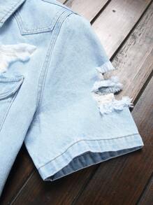 Manfinity Homme Men's Casual Washed Distressed Denim Short Sleeve Shirt Men Jean Shirt