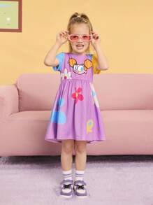Dexter's Laboratory X SHEIN Váy in họa tiết hoa và hoạt hình dễ thương phong cách thường ngày cho bé gái màu tím, phù hợp cho mùa xuân và mùa hè - Màu tím hoa cà - Xem 5