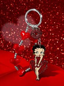 Betty Boop x SHEIN Móc khóa trang trí hình môi đính đá họa tiết hoạt hình, hình trái tim, làm thủ công từ hạt cườm, quà tặng, ý tưởng quà tặng, tiệc tùng, ngày lễ, Ngày Valentine - Màu Đỏ Sâu - Xem 2