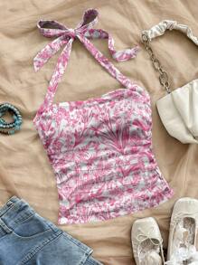 Soleia 2 件花卉印花露背褶皱女式背心，适合夏季