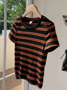 Comfortcana 彩色条纹短袖圆领大码T恤，夏季时尚 - 黑色 - 查看 1