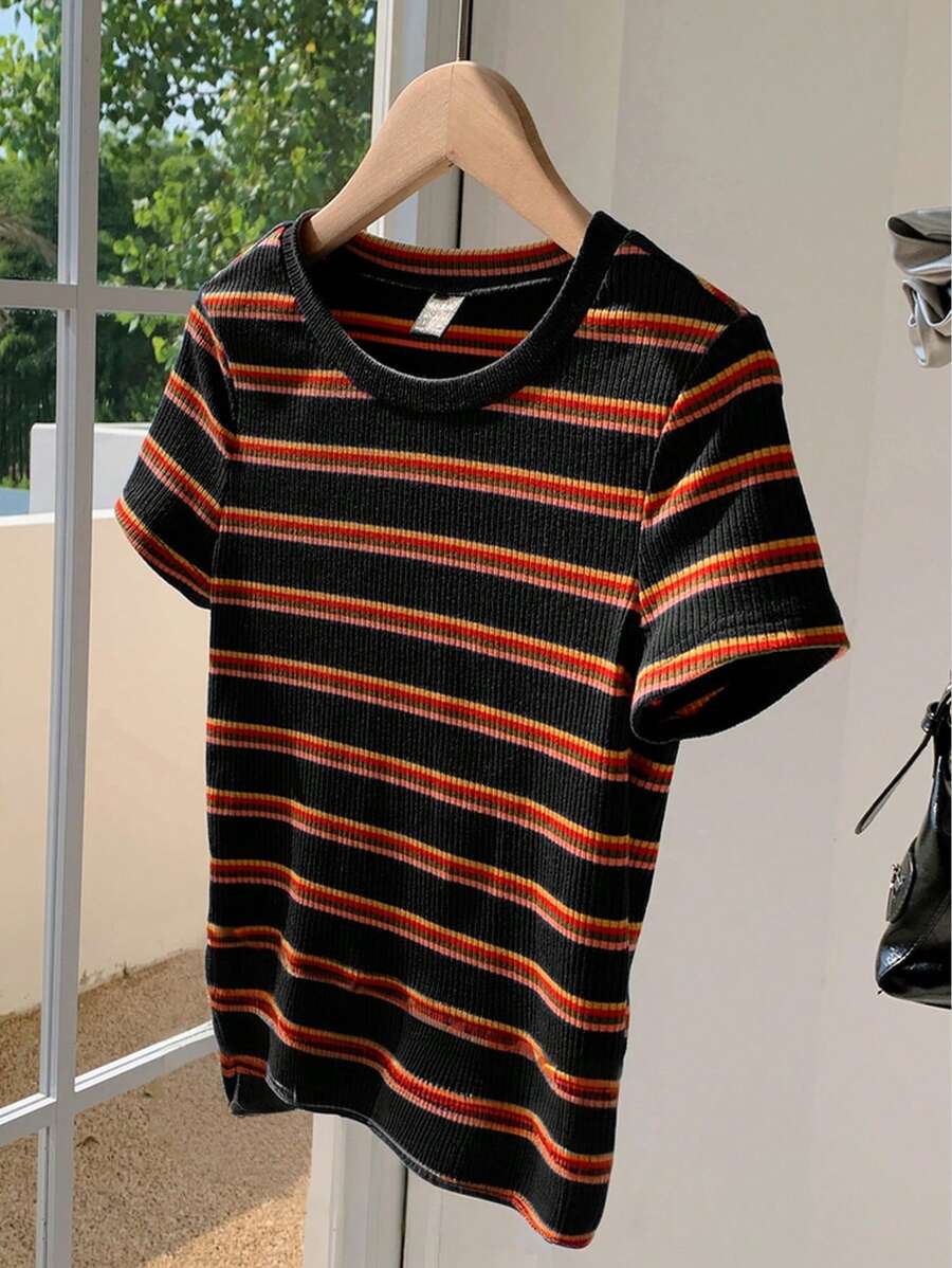 Comfortcana 彩色条纹短袖圆领大码T恤，夏季时尚 - 黑色 - 查看 1