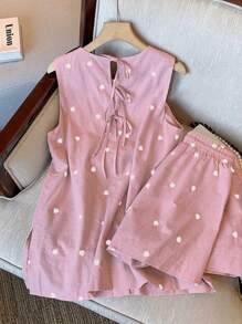 Franclia 2pcs/Set Women Heart Print Tie Front Top And Shorts Set - Pink - View 1
