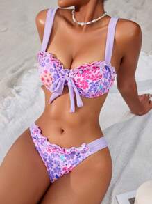 Swim Mod Summer Sweet Ditsy Floral Frill Push-Up Underwire Bikini Set - Multicolor - View 5