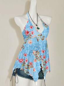 SHEIN ICON 休闲简约花卉全印花度假风格女式背心，适合夏季 - 藍色 - 查看 6