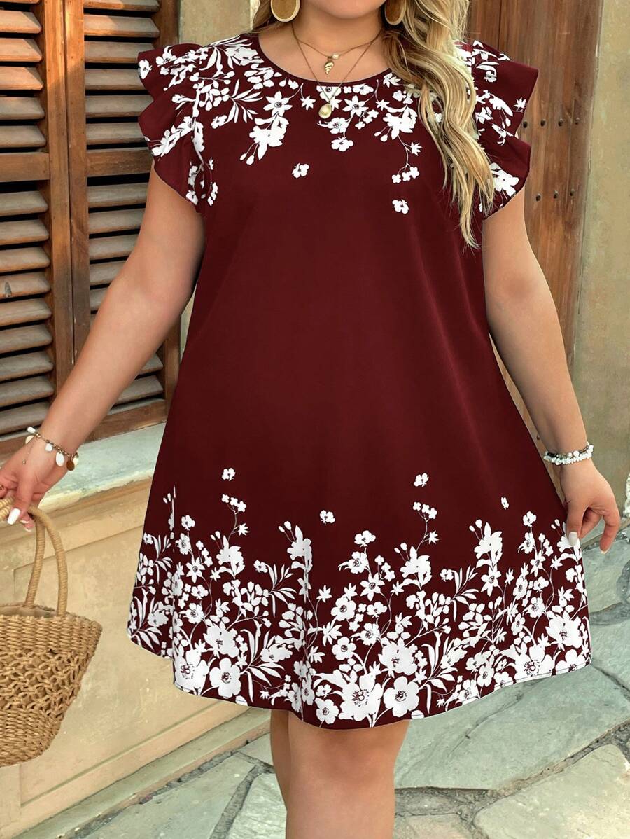 SHEIN VCAY Plus Size Casual Summer Floral Print Ruffle Trim Loose Dress Plus Size Christmas - Burgundy - View 1
