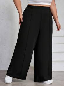 SHEIN CURVE+ Plus Size Women's Solid Color Pleated Pants, Black Loose Wide Leg Pants, Curve Plus, Boho Vacation