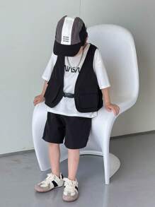 SHEIN 3pcs/Set Young Boy Korean Style White T-Shirt,Vest And Shorts Clothes Set For Summer,Back-To-School,Career Day,Birthday Party,Performance,Wedding - Black - View 6