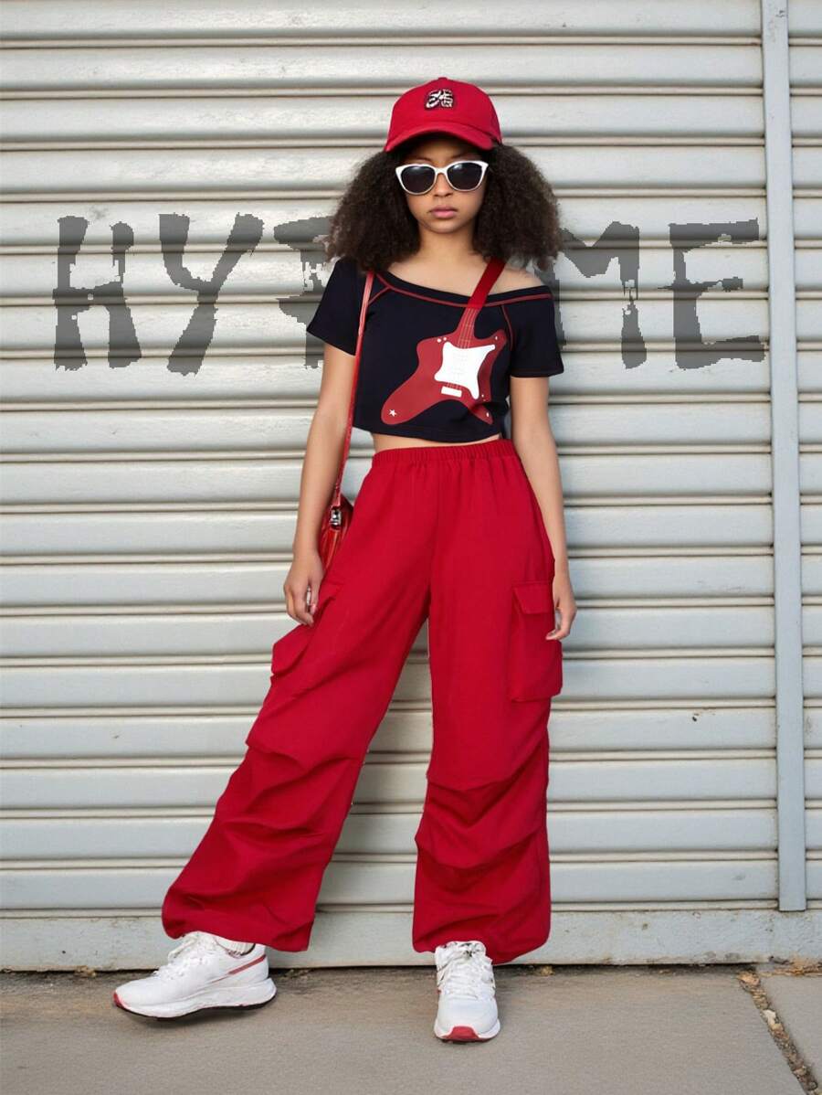 SHEIN Explorewe Tween Girls Open Shoulder Seam Detail Top And Cargo Pants 2 Pieces Set - Multicolor - View 1