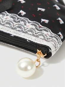 ROMWE Kawaii Set 2 buah Dompet Koin Kompak Motif Kucing dan Pita dengan Hiasan Renda dan Ikat Rambut Mutiara - MultiWarna - View 6