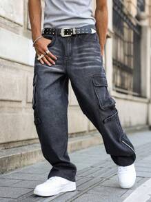 Manfinity Hypemode Men's Ombre Multi-Pocket Street Style Side Split Denim Jeans - Black - View 4