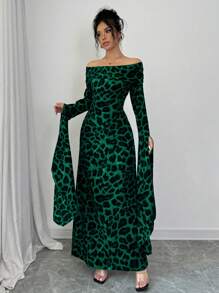 Elenzga 女士豹纹露肩超长袖优雅连衣裙长款女装