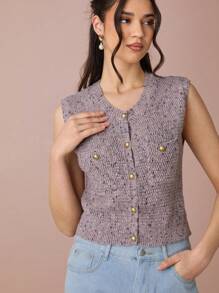 Enchnt Women's Solid Color Front Button Pocket Elegant Sleeveless Sweater Vest - Dusty Pink - View 5