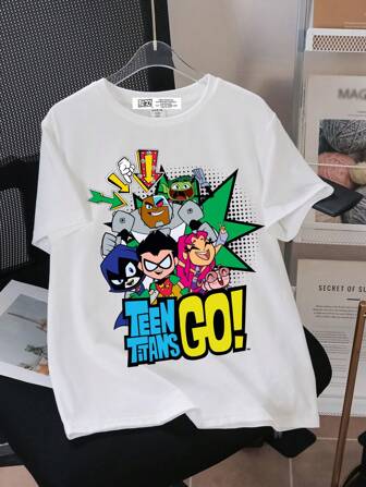 Teen Titans Go X SHEIN Maglietta a maniche corte casual con grafica a cartoni animati adatta per ragazzi pre-adolescenti, ideale per l'estate