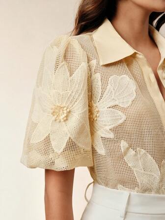 Anewsta Blusa feminina de manga curta, de cor sólida e recortes, Elegante para Primavera, Verão, Férias, Praia