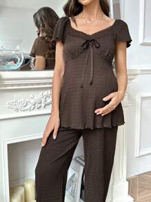 Moonlight&Mama Bộ đồ ngủ bà bầu tay ngắn và quần vải jacquard thắt nút cổ chữ V thêu ren chắp vá màu trơn - Cà phê nâu - Xem 7