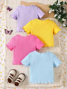 SHEIN 4pcs Baby Girl Casual Versatile Cute Embroidered Short Sleeve Tops - Pink - View 2