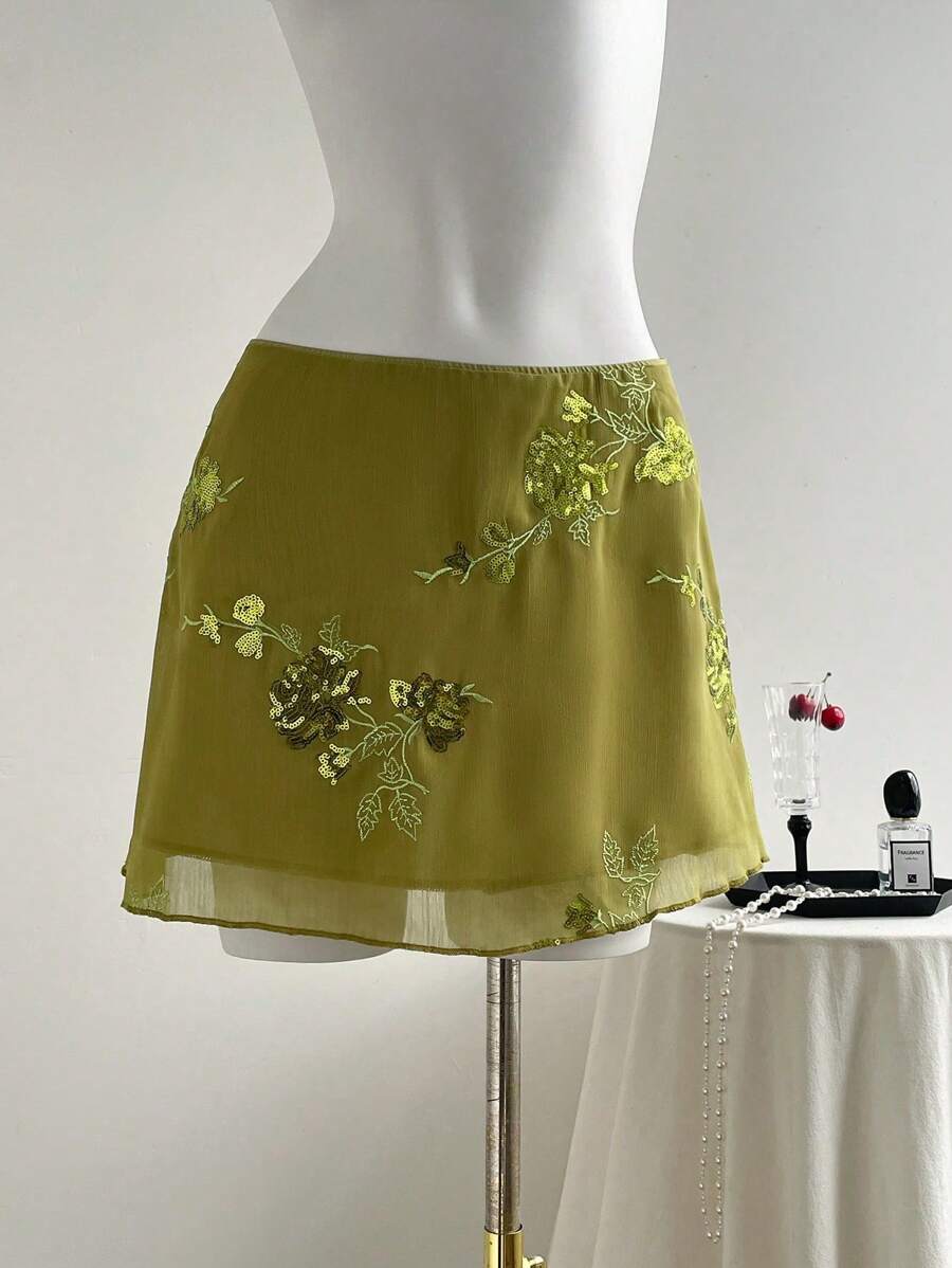 SHEIN PETITE Váy ngắn màu xanh lá cây thêu lưới gợi cảm & thanh lịch kiểu Trung Hoa mới cho nữ - màu xanh lá - Xem 1