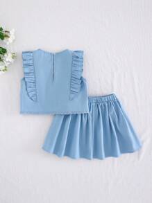 Cozy Pixies 2Pcs Baby Girl Floral Print Round Neck Ruffle Hem Top And Elastic Waist Shorts Set - Blue - View 2