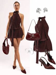 SHEIN BAE Women's Sexy Polka Dot Print Backless Mini Halter Dress, Summer,Business Casual Woman,Rave Outfits Festival,Summer Dresses For Women,Polka Dot Dress