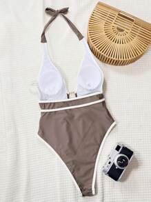 Swim Vcay 女士纯色深 V 领露背性感连体泳衣，春假节波西米亚风 - 棕色 - 查看 2