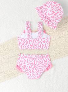 3pcs Baby Girl Leopard Print Bikini Set, Including Adorable Plaid Cap, Bathing Suits For Baby Girl - Multicolor - View 2