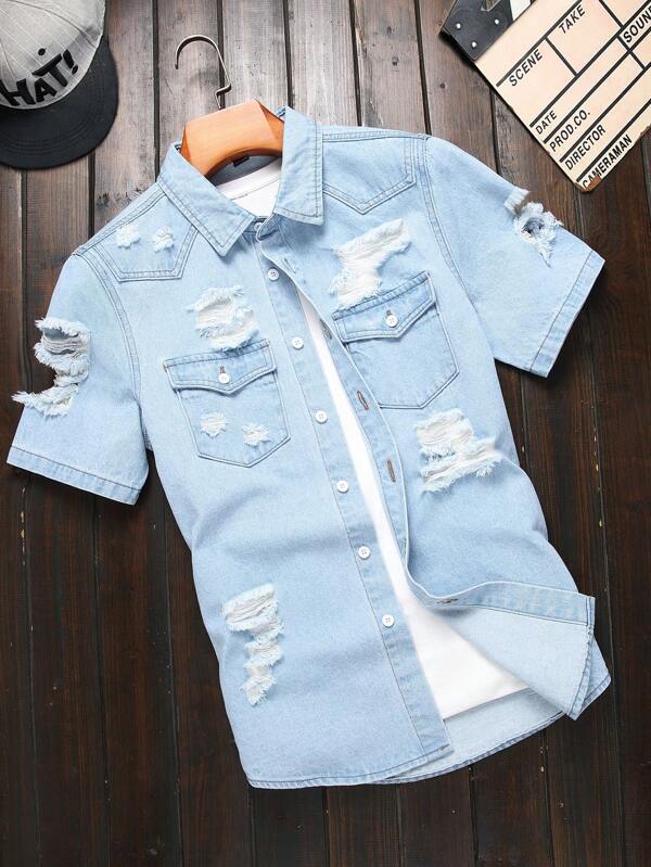 Manfinity Homme Men's Casual Washed Distressed Denim Short Sleeve Shirt Men Jean Shirt