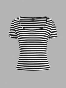 SHEIN EZwear 3 件女式休闲 U 领紧身短袖短款 T 恤，黑白条纹，适合夏季 - 彩色 - 查看 10