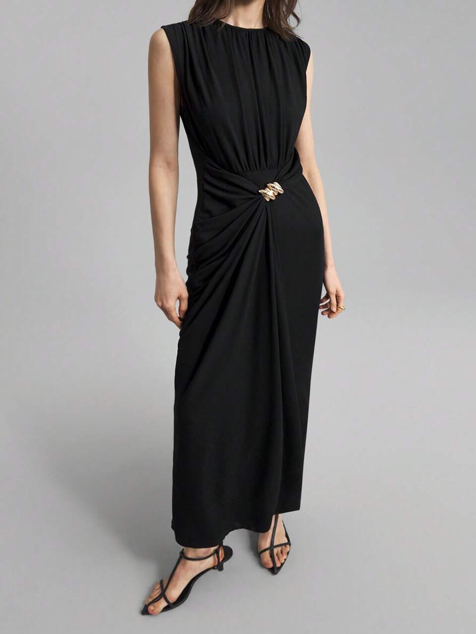 2025 Spring & Summer Women Long Sleeveless Solid Color Dress,Black And Gold,Elegant,Bar Party,Mid-Length Graduation Fashionable Dress For Women